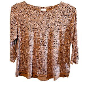 J. Jill Womens Petite M Spotted Print 3/4 Sleeve Top Brown/Black Cotton Tencel B
